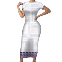 Samoa Siapo Purple Trimmed Family Matching Short Sleeve Bodycon Dress and Hawaiian Shirt Samoa White Sunday - Polynesian Pride