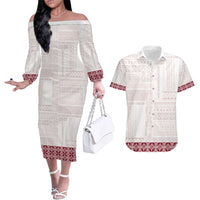 Samoa Siapo Red Trimmed Couples Matching Off The Shoulder Long Sleeve Dress and Hawaiian Shirt Samoa White Sunday LT01 Red - Polynesian Pride