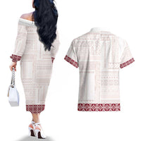 Samoa Siapo Red Trimmed Couples Matching Off The Shoulder Long Sleeve Dress and Hawaiian Shirt Samoa White Sunday LT01 - Polynesian Pride