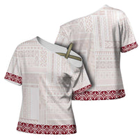 Samoa Siapo Red Trimmed Cross Shoulder Shirt Samoa White Sunday - Polynesian Pride