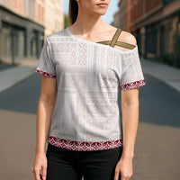 Samoa Siapo Red Trimmed Cross Shoulder Shirt Samoa White Sunday - Polynesian Pride