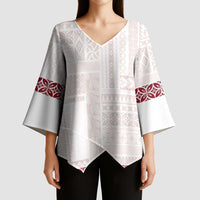 Samoa Siapo Red Trimmed Kimono Sleeve Blouse Samoa White Sunday - Polynesian Pride