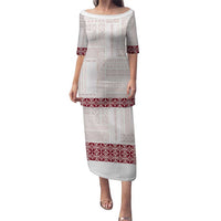 Samoa Siapo Red Trimmed Puletasi Samoa White Sunday - Polynesian Pride