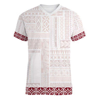 Samoa Siapo Red Trimmed Women V-Neck T-Shirt Samoa White Sunday - Polynesian Pride