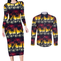 Hawaii Hibiscus Palm Tree Sunset Couples Matching Long Sleeve Bodycon Dress and Long Sleeve Button Shirt Tropical Style - Polynesian Pride