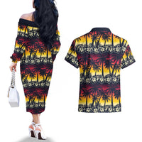 Hawaii Hibiscus Palm Tree Sunset Couples Matching Off The Shoulder Long Sleeve Dress and Hawaiian Shirt Tropical Style - Polynesian Pride