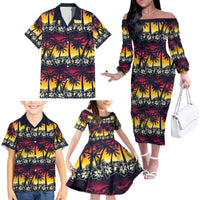 Hawaii Hibiscus Palm Tree Sunset Family Matching Off The Shoulder Long Sleeve Dress and Hawaiian Shirt Tropical Style - Polynesian Pride