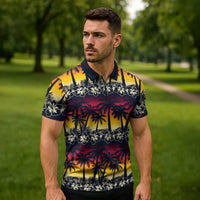 Hawaii Hibiscus Palm Tree Sunset Zipper Polo Shirt Tropical Style LT01 - Polynesian Pride
