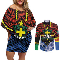 Personalised Vanuatu Tafea Province Couples Matching Off Shoulder Short Dress and Long Sleeve Button Shirt Unique Tropical Tribal Pattern