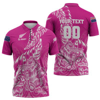 Custom New Zealand Rugby Silver Fern Zipper Polo Shirt Aotearoa Kiwi Maori Pink Version - Polynesian Pride