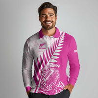 Custom New Zealand Rugby Silver Fern Long Sleeve Polo Shirt Aotearoa Maori Pink Version - Polynesian Pride