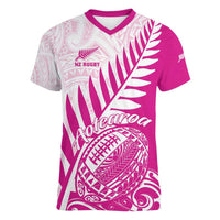 Custom New Zealand Rugby Silver Fern Women V-Neck T-Shirt Aotearoa Maori Pink Version - Polynesian Pride