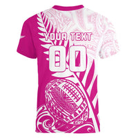 Custom New Zealand Rugby Silver Fern Women V-Neck T-Shirt Aotearoa Maori Pink Version - Polynesian Pride