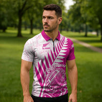 Custom New Zealand Rugby Silver Fern Zipper Polo Shirt Aotearoa Maori Pink Version - Polynesian Pride
