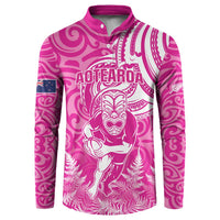 New Zealand Silver Fern Rugby All Pink Button Sweatshirt Maori Tiki Player With Ta Moko Tribal - Polynesian Pride