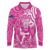 New Zealand Silver Fern Rugby All Pink Long Sleeve Polo Shirt Maori Tiki Player With Ta Moko Tribal - Polynesian Pride