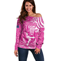 New Zealand Silver Fern Rugby All Pink Off Shoulder Sweater Maori Tiki Player With Ta Moko Tribal - Polynesian Pride