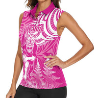 New Zealand Silver Fern Rugby All Pink Women Sleeveless Polo Shirt Maori Tiki Player With Ta Moko Tribal - Polynesian Pride