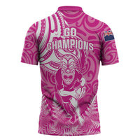 New Zealand Silver Fern Rugby All Pink Zipper Polo Shirt Maori Tiki Player With Ta Moko Tribal - Polynesian Pride