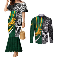 Custom New Zealand and South Africa Rugby Couples Matching Mermaid Dress and Long Sleeve Button Shirt Silver Fern Protea Pattern World Cup 2023 LT01 Art - Polynesian Pride
