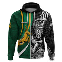 Custom New Zealand and South Africa Rugby Hoodie Silver Fern Protea Pattern World Cup 2023 LT01 Zip Hoodie Art - Polynesian Pride