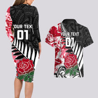 Custom New Zealand and England Rugby Couples Matching Long Sleeve Bodycon Dress and Hawaiian Shirt Silver Fern With Red Rose World Cup 2023 LT01 - Polynesian Pride