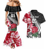 Custom New Zealand and England Rugby Couples Matching Mermaid Dress and Hawaiian Shirt Silver Fern With Red Rose World Cup 2023 LT01 - Polynesian Pride