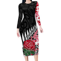 Custom New Zealand and England Rugby Family Matching Long Sleeve Bodycon Dress and Hawaiian Shirt Silver Fern With Red Rose World Cup 2023 LT01 Mom's Dress Art - Polynesian Pride