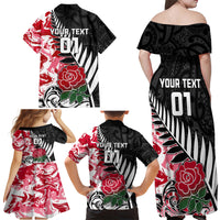 Custom New Zealand and England Rugby Family Matching Off Shoulder Maxi Dress and Hawaiian Shirt Silver Fern With Red Rose World Cup 2023 LT01 - Polynesian Pride