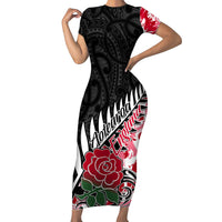 Custom New Zealand and England Rugby Family Matching Short Sleeve Bodycon Dress and Hawaiian Shirt Silver Fern With Red Rose World Cup 2023 LT01 Mom's Dress Art - Polynesian Pride