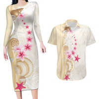 Beige Frangipani Sea Shell Couples Matching Long Sleeve Bodycon Dress and Hawaiian Shirt Starfish Polynesian Pattern - Polynesian Pride