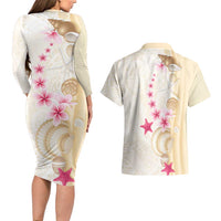 Beige Frangipani Sea Shell Couples Matching Long Sleeve Bodycon Dress and Hawaiian Shirt Starfish Polynesian Pattern LT01 - Polynesian Pride