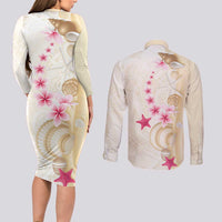 Beige Frangipani Sea Shell Couples Matching Long Sleeve Bodycon Dress and Long Sleeve Button Shirt Starfish Polynesian Pattern - Polynesian Pride