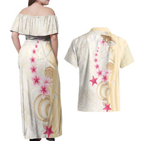 Beige Frangipani Sea Shell Couples Matching Off Shoulder Maxi Dress and Hawaiian Shirt Starfish Polynesian Pattern - Polynesian Pride