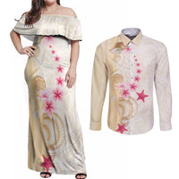 Beige Frangipani Sea Shell Couples Matching Off Shoulder Maxi Dress and Long Sleeve Button Shirt Starfish Polynesian Pattern - Polynesian Pride