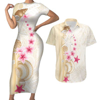 Beige Frangipani Sea Shell Couples Matching Short Sleeve Bodycon Dress and Hawaiian Shirt Starfish Polynesian Pattern - Polynesian Pride