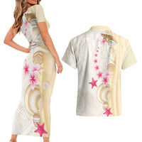 Beige Frangipani Sea Shell Couples Matching Short Sleeve Bodycon Dress and Hawaiian Shirt Starfish Polynesian Pattern - Polynesian Pride