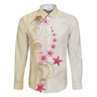 Beige Frangipani Sea Shell Family Matching Off The Shoulder Long Sleeve Dress and Hawaiian Shirt Starfish Polynesian Pattern LT01 Dad's Shirt - Long Sleeve Beige - Polynesian Pride