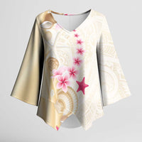 Beige Frangipani Sea Shell Kimono Sleeve Blouse Starfish Polynesian Pattern - Polynesian Pride