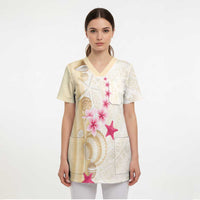 Beige Frangipani Sea Shell Scrub Top Starfish Polynesian Pattern - Polynesian Pride