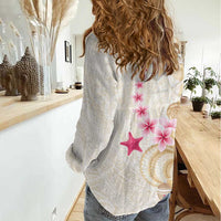 Beige Frangipani Sea Shell Women Casual Shirt Starfish Polynesian Pattern - Polynesian Pride