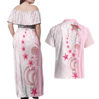 Pink Plumeria Sea Shell Couples Matching Off Shoulder Maxi Dress and Hawaiian Shirt Starfish Polynesian Pattern - Polynesian Pride