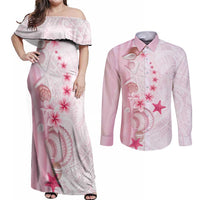 Pink Plumeria Sea Shell Couples Matching Off Shoulder Maxi Dress and Long Sleeve Button Shirt Starfish Polynesian Pattern - Polynesian Pride