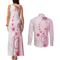 Pink Plumeria Sea Shell Couples Matching Tank Maxi Dress and Long Sleeve Button Shirt Starfish Polynesian Pattern - Polynesian Pride