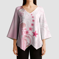 Pink Plumeria Sea Shell Kimono Sleeve Blouse Starfish Polynesian Pattern - Polynesian Pride
