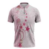 Pink Plumeria Sea Shell Zipper Polo Shirt Starfish Polynesian Pattern - Polynesian Pride