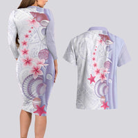 Purple Plumeria Sea Shell Couples Matching Long Sleeve Bodycon Dress and Hawaiian Shirt Starfish Polynesian Pattern - Polynesian Pride
