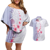 Purple Plumeria Sea Shell Couples Matching Off Shoulder Short Dress and Hawaiian Shirt Starfish Polynesian Pattern - Polynesian Pride