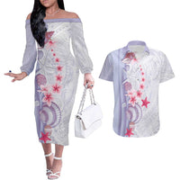 Purple Plumeria Sea Shell Couples Matching Off The Shoulder Long Sleeve Dress and Hawaiian Shirt Starfish Polynesian Pattern - Polynesian Pride