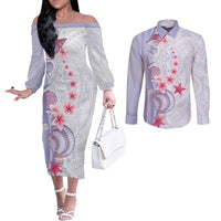 Purple Plumeria Sea Shell Couples Matching Off The Shoulder Long Sleeve Dress and Long Sleeve Button Shirt Starfish Polynesian Pattern - Polynesian Pride